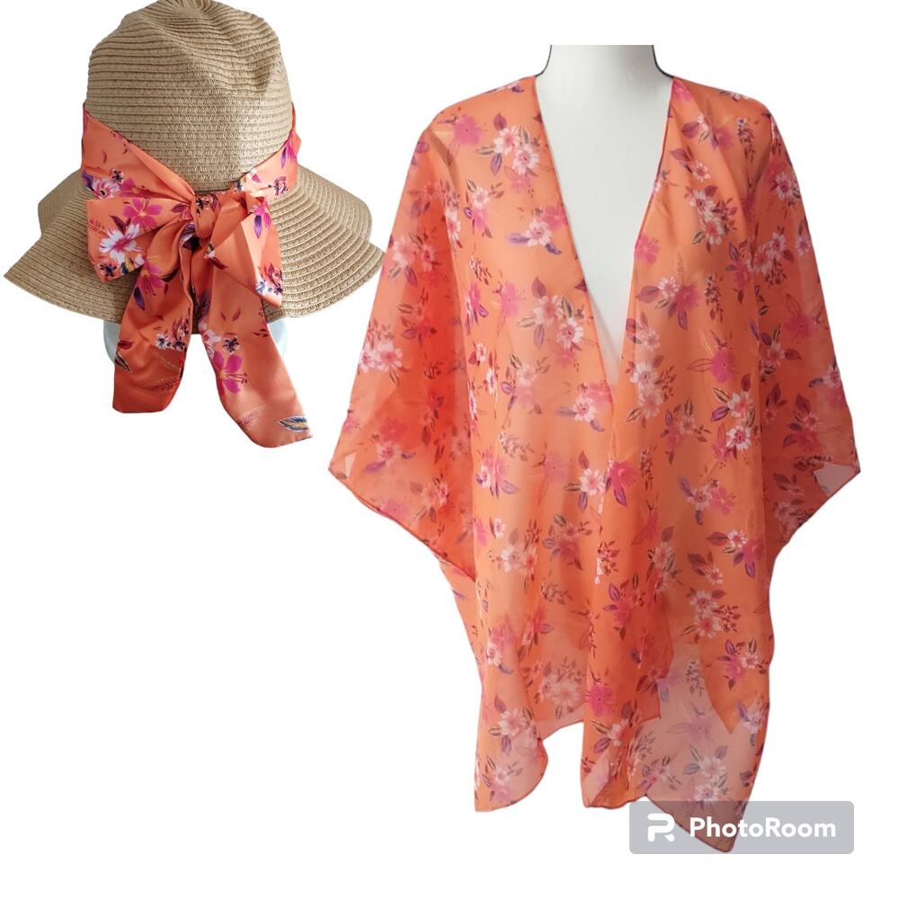 Steve Madden Orange Floral Packable Summer Beach Hat Swimsuit Cover Wrap Set NWT